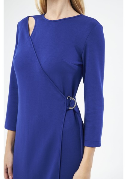 Picacy Yuvarlak Yaka Diz Altı Regular Fit Mavi Renk Elbise