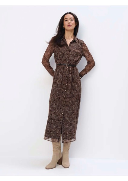 Kaa Regular Fit Gömlek Yaka Uzun Boy Kahverengi Renk Elbise