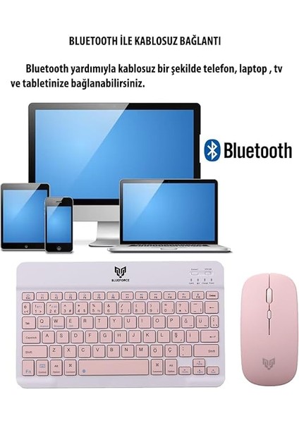 Km-33 Wireless Bluetooth Kablosuz Klavye Mouse Set Pembe Tablet,laptop, Telefon, Tv Uyumlu fırsatları