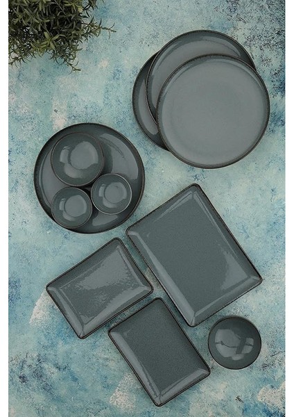 Porselen Moderna 14 Parça 6 Kişilik Kahvaltı Takımı, Mavi