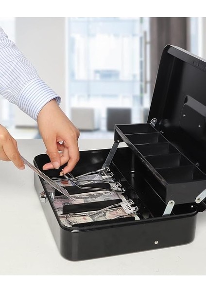 Kilitli Para Kutusu Para Tepsili ve 5 Bölemeli Metal Para Saklama, Para Kutusu, Yaylı indirimleri