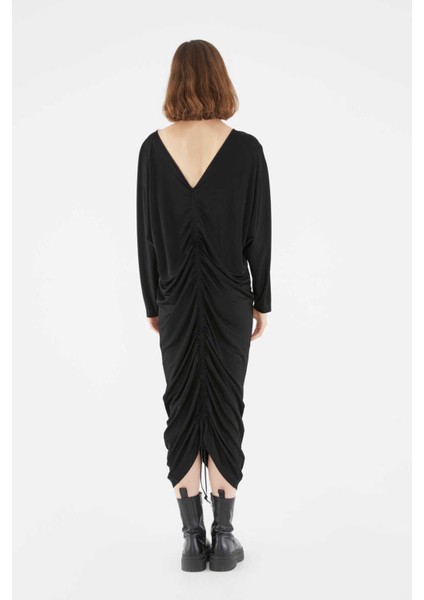 Büzgülü V Yaka Uzun Elbise Siyah K2111017_001 fırsatları