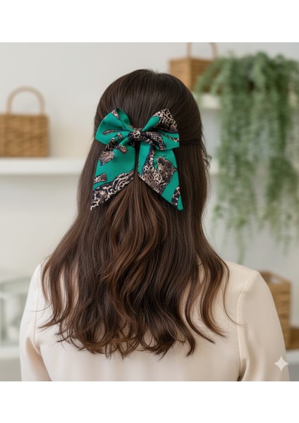 Zümrüt Yeşili Vahşi Leopar Desenli Otomatik Fiyonk Toka, El Yapımı Toka, Klipsli, Kadin Toka