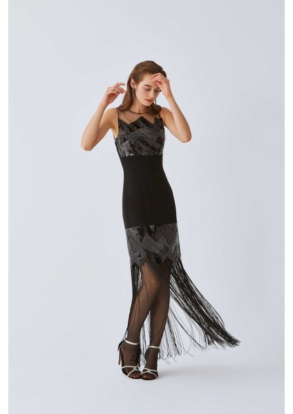 Payetli Püsküllü Abiye Elbise Siyah K2011319_001