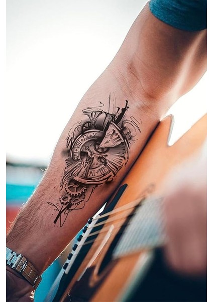 Gerçek Dövme Görünümlü 3 Boyutlu Saat Dövmesi, Tattoo, Erkek Geçici Dövme, Kol Dövmesi, Omuz Dövmesi