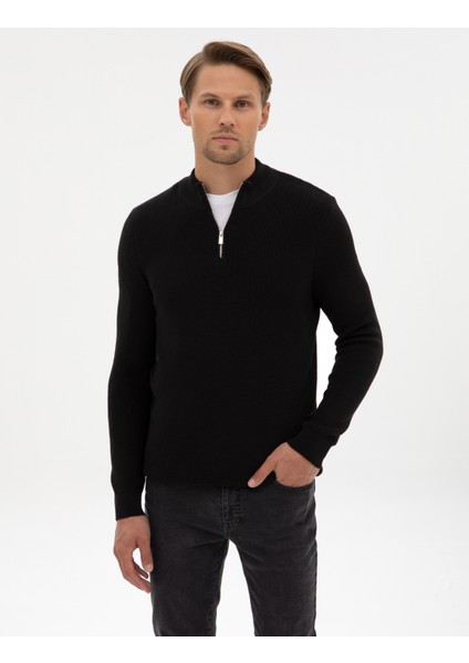 Erkek Siyah Slim Fit Dik Yaka Fermuarlı Triko Kazak 50317363-VR046