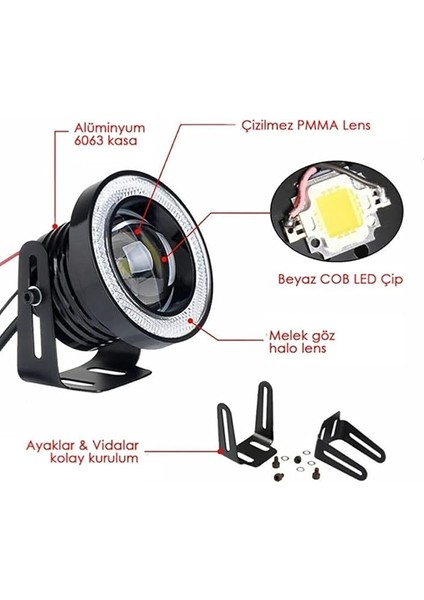 Han Mercekli Angel LED Halkalı Sis Far Gövde Su Geçirmez Angel Beyaz 76 mm indirimleri
