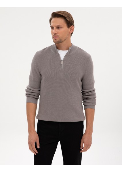 Erkek Açık Gri Melanj Slim Fit Dik Yaka Fermuarlı Triko Kazak 50317363-VR091