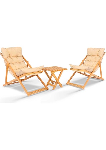Flex 2'li Ahşap Puf Minderli Bahçe, Balkon, Teras ve Plaj Katlanır Şezlong Set Bistro modelleri