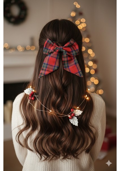 El Yapımı Kırmızı Ekoseli Yeni Model Fiyonk Toka, Kırmızı Yılbaşı Tokası, Sevgililer Günü Kadin Toka