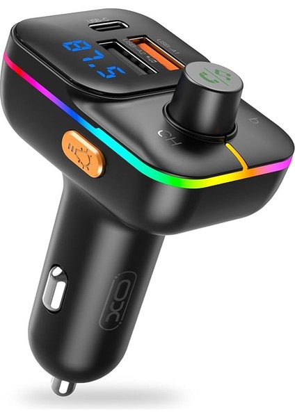 BCC09 Araç Hızlı Şarj Çakmaklık, Fm Transmitter, Müzik Çalma, Dahili Mikrofon, Tf Kart Girişi, Usb-C Pd 25W + 2 Usb-A Şarj, Bluetooth, Rgb Aydınlatma, LCD Ekran, Korumalı Şarj, Siyah