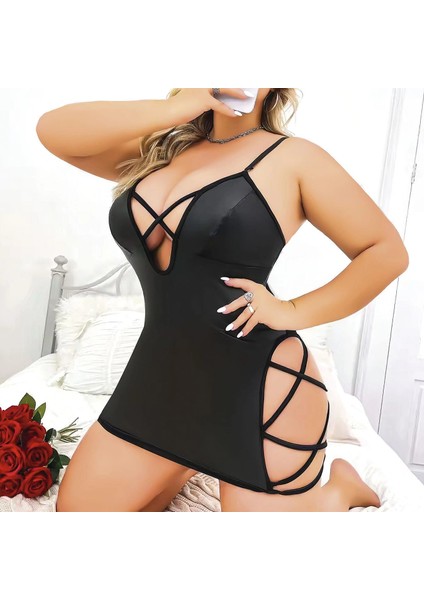 Kadın Sırt Dekolteli Fantezi Büyük Beden Deri Elbise