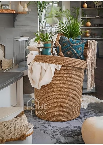 Rustic Retreat Jüt Kapaklı Moderin Tasarım Geniş Hacim Kapasiteli Çamaşır Oyuncak Havlu Battaniye Giyisi Sepeti Estetik Görünümlü Her Alana Uygun (Hasır, 40 x 50 Cm) fiyatları