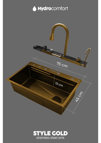 Akıllı Teknolojik Eviye Seti Paslanmaz Taban Gold