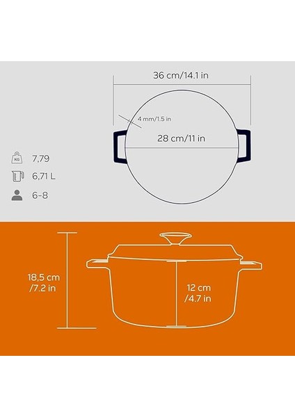Döküm Yuvarlak Tencere, Trendy, 28 Cm, 6.71 L Hacim, Turuncu indirimleri