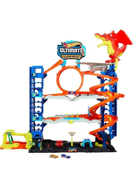 Wheels 2 Adet Metal Araba ile Birlikte Gelen, 50'den Fazla 1:64 Ölçekli Araba Için Saklama Alanına Sahip, 4 Katlı Oyun Pisti Içeren Hot Wheels Şehri Yeni Ultimate Garaj ile Ejderhayı Yen, HKX48