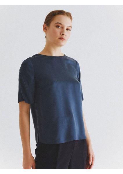 %100 İpek Yarım Kol Bluz Lacivert K2013117_015