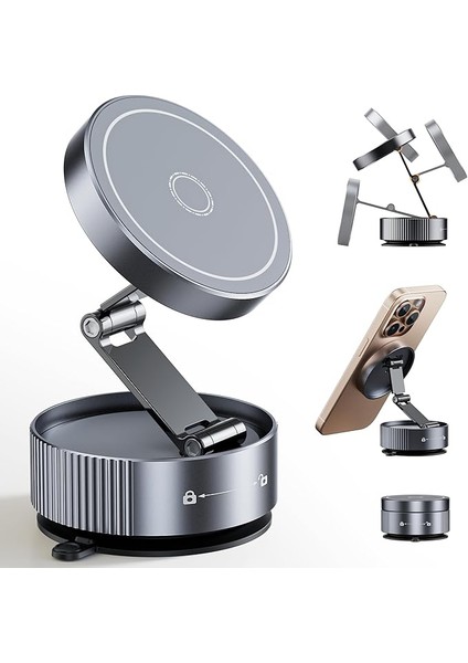 Magsafe Için Yükseltilmiş Vakumlu Manyetik Telefon Tutacağı, Çift Katlanır Vantuzlu Telefon Montajı, Tüm Akıllı Telefonlar ve Tüm Araba Modelleri Için 360° Dönebilen Telefon Tutacağı - Gri