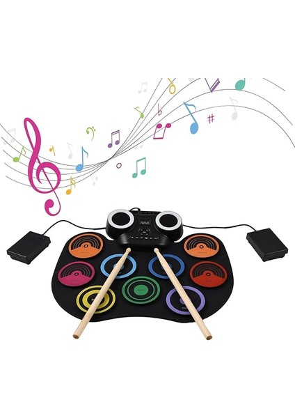Elektrikli Davul Seti Taşınabilir Davul Pad Kiti 9 Ped Dahili Hoparlör Renkli Işıklarla LED Ekran Izleme 2 Bateri Çubuğu 2 Ayak Pedalı USB Veya Pille Çalışan Tatil Doğum Günü Si Müzik