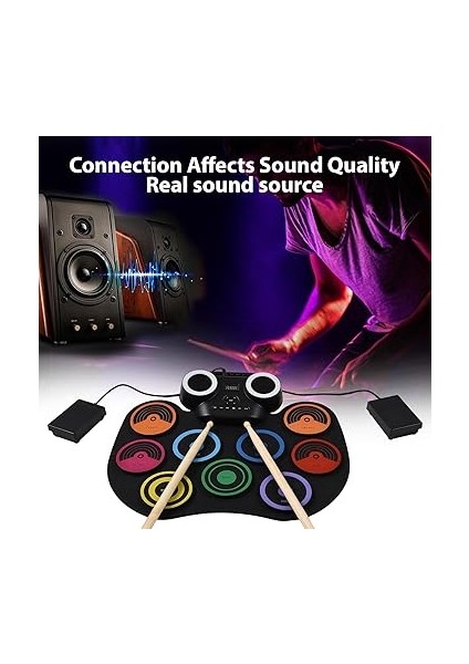 Elektrikli Davul Seti Taşınabilir Davul Pad Kiti 9 Ped Dahili Hoparlör Renkli Işıklarla LED Ekran Izleme 2 Bateri Çubuğu 2 Ayak Pedalı USB Veya Pille Çalışan Tatil Doğum Günü Si Müzik indirimleri