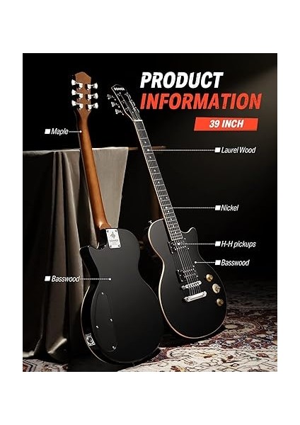 Lp Elektro Gitar Kiti Tam Boy Gitar Başlangıç Seti 90 cm (39 Inç) Tek Parça Gövde, Çanta, Askı, Tel (Lp Stili, Siyah) indirimleri