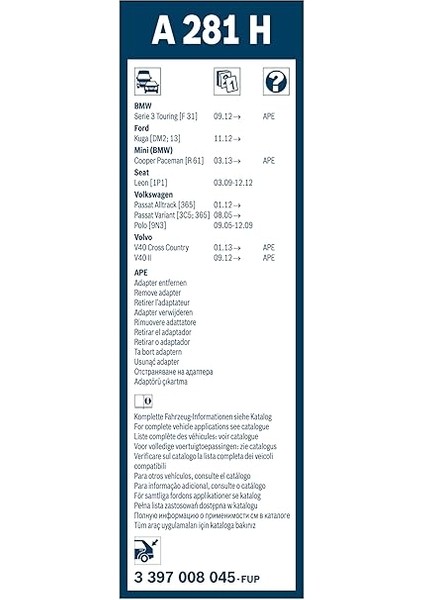 Rear Arka Silecek Ford Focus 4 (2019-2022), Volvo V40 (2013-2019) [280 Mm] A281H 3397008045 modelleri