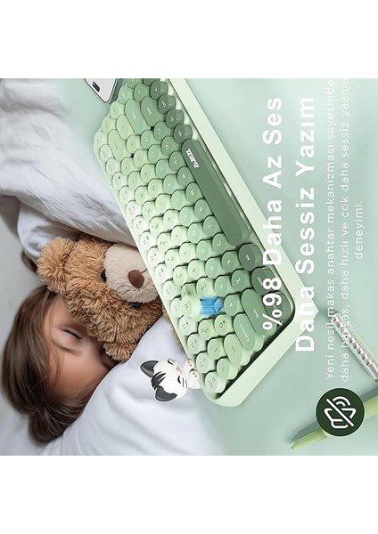 Kablosuz Bluetooth Retro Sessiz Klavye – Yuvarlak Tuşlu, Kedi Süs Aksesuarı, 84 Tuşlu, Taşınabilir, Akıllı Uyku Modu, Ergonomik Tasarım, Tablet Telefon Uyumlu, Ajazz AJ308I Yeşil indirimleri