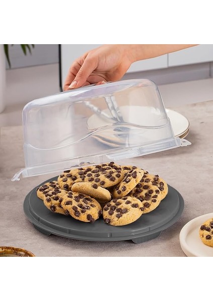 1091 Antrasit Yuvarlak Kek Pasta Börek Saklama Kabı - Kilitli Kapaklı Taşıma Fanusu 25 cm