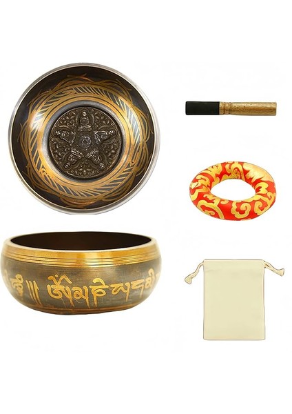 Bless Tibet Şarkı Kase Seti - El Dövmeli Meditasyon Ses Kasesi Tokmak, Yastık ve Çanta ile - Yoga, Farkındalık, Ses Terapisi, Stres Giderici (14,5 Cm)