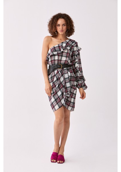 Ekose Desenli Tek Omuz Renkli Günlük Elbise Standart Renk Y2011069_089