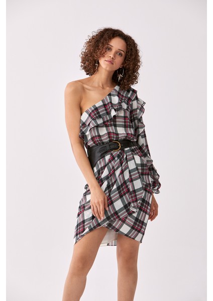 Ekose Desenli Tek Omuz Renkli Günlük Elbise Standart Renk Y2011069_089 fiyatları