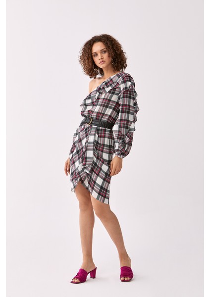 Ekose Desenli Tek Omuz Renkli Günlük Elbise Standart Renk Y2011069_089 modelleri