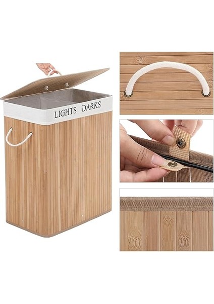 Home Doğal Bambu Katlanabilir Kirli Çamaşır Sepeti, Yıkanabilir Çıkarılabilir Astar Torbalı, Sele Görünümlü Şık ve Dayanıklı Çamaşır Sepeti, Kapaklı ve Ergonomik Tasarım (2 Bölmeli) indirimleri