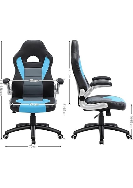 Oyuncu Sandalyesi, Yüksek Sırtlı, Ofis Koltuğu, Yüksekliği Ayarlanabilir, Katlanabilir Kolçaklar, Sallanan Fonksiyon, Oyuncular Için, Siyah/gri/mavi, OBG28BU, 70X70X(116-126) modelleri