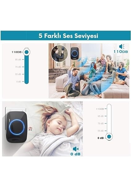 Kablosuz Kapı Zili 2 Buton 1 Alıcı LED Işıklı 300 Metre Mesafe 60 Melodi Ev Ofis Depo indirimleri