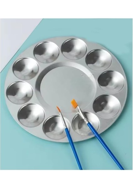 Metal Palet 1 Adet Metal Boya Paleti 10 Hazneli 17 cm Paslanmaz Resim Boyama Paleti Fırça Hediyeli