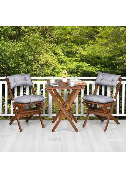 Ahşap Katlanır Minderli 3 Lü Bistro Set Mutfak Balkon Bahçe Masa Sandalye Seti (Ceviz-Gri)