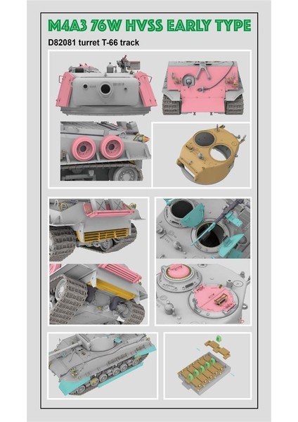 5058 1/35 Ölçek, M4A3 76W HVSS Erken Dönem, D82081 Namlu, T-66 Paletli Tankı, Plastik Model kiti