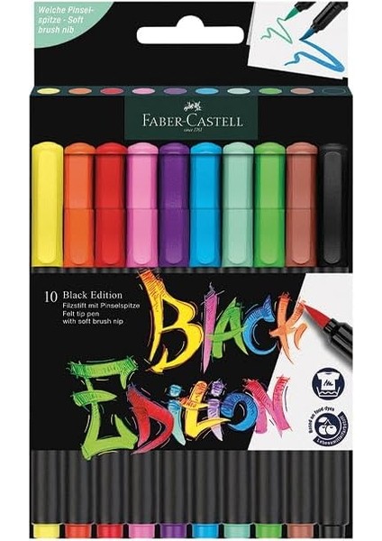 Black Edition Keçeli Kalem Fırça Uç 10’lu, Parlak Renkler, Yazım ve Boyama Için Uygun, Yumuşak ve Esnek Uç