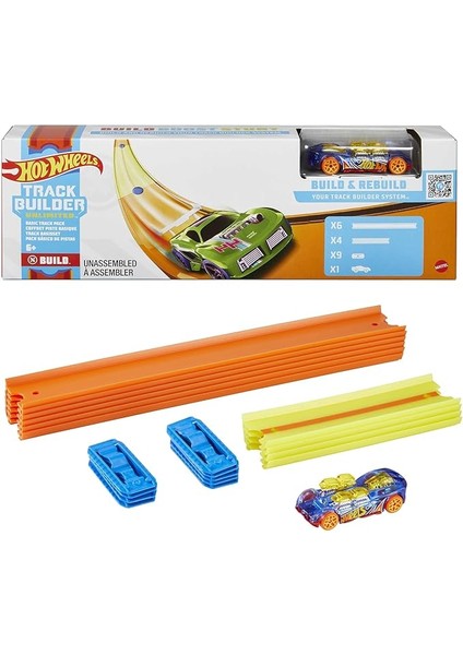 Wheels Track Builder Temel Pist Seti, 10 Adet Pist Parçası, 9 Adet Pist Bağlantı Parçası ve Bir Adet 1:64 Ölçekli Hot Wheels Araba Içeren Eklenebilir Pist Inşasına Başlangıç Seti, 6 Yaş ve Üzeri