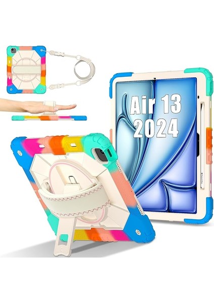 Sağlam Kılıf Uyumlu iPad Air 13-Inch (M2/m3) 2024/2025，360° Dönebilen Kanca ve Halka Saplı Taşınabilir Hibrit Darbeye Dayanıklı Kılıf, Omuz Askısı/kalem Tutucu