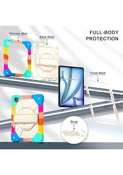 Sağlam Kılıf Uyumlu iPad Air 13-Inch (M2/m3) 2024/2025，360° Dönebilen Kanca ve Halka Saplı Taşınabilir Hibrit Darbeye Dayanıklı Kılıf, Omuz Askısı/kalem Tutucu fiyatları