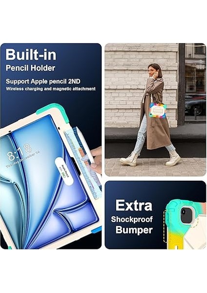 Sağlam Kılıf Uyumlu iPad Air 13-Inch (M2/m3) 2024/2025，360° Dönebilen Kanca ve Halka Saplı Taşınabilir Hibrit Darbeye Dayanıklı Kılıf, Omuz Askısı/kalem Tutucu fırsatları