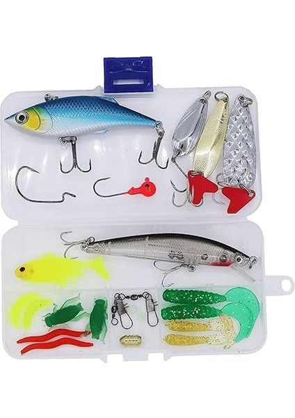 24 Parça Sahte Olta Yem ve Aksesuar Seti Silikon Rapala Jig Kaşık modelleri