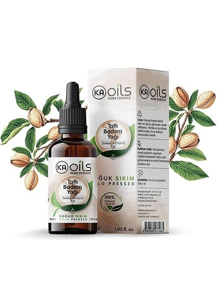 Tatlı Badem Yağı –%100 Saf ve Soğuk Sıkım – 30 ml | Doğal Taşıyıcı Yağ | Cilt, Saç, Masaj ve Tırnak Bakımı Için Damlalıklı Şişede