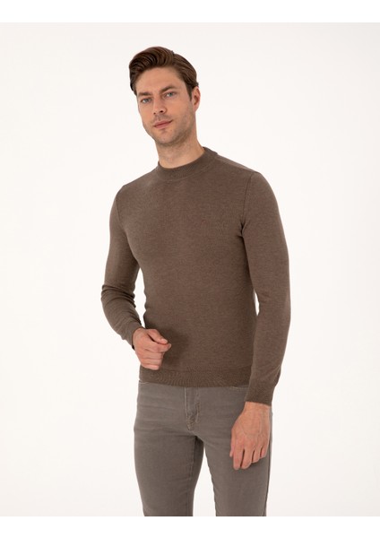 Erkek Vizon Melanj Slim Fit Çeyrek Yaka Basic Triko Kazak 50314188-VR174