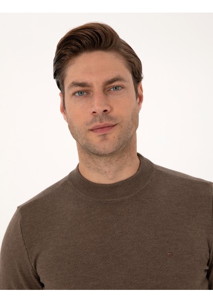 Erkek Vizon Melanj Slim Fit Çeyrek Yaka Basic Triko Kazak 50314188-VR174 fiyatları