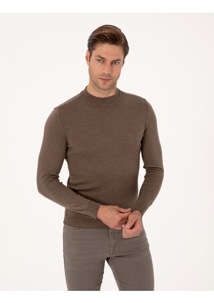 Erkek Vizon Melanj Slim Fit Çeyrek Yaka Basic Triko Kazak 50314188-VR174 modelleri