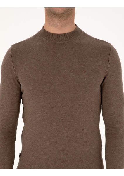 Erkek Vizon Melanj Slim Fit Çeyrek Yaka Basic Triko Kazak 50314188-VR174