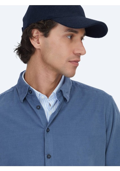 Mavi Çizgili Regular Fit Dokuma Kadife Casual %100 Pamuk Gömlek fırsatları